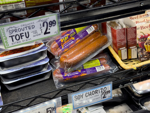 Carlsbad, California, USA: Soy chorizo at cooling shelf in Trader Joe's grocery store, vegan sausage made from meat alternative for plant-based diet, gluten free soy sausage
