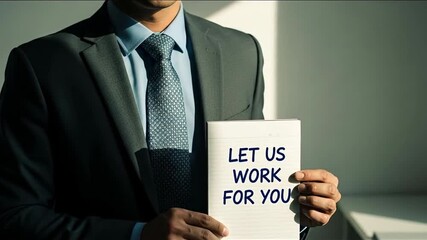 Professional businessman holding a sign that says let us work for you offering services and collaboration