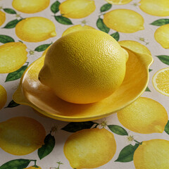 Lemon on Plate with Lemon Pattern Tablecloth