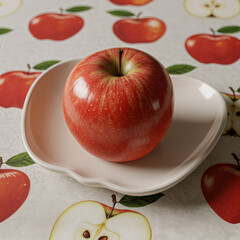 Red Apple on Plate with Apple Pattern Tablecloth
