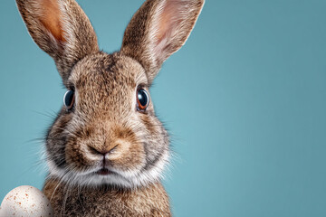 Fototapeta premium Cute brown bunny rabbit with speckled egg Easter theme
