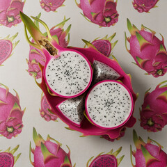 Dragon Fruit on Plate with Dragon Fruit Pattern Tablecloth