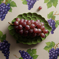 Grapes on Plate with Grape Pattern Tablecloth