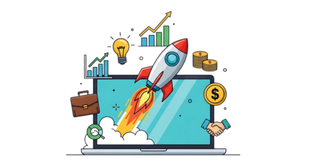 A laptop with a rocket launching, surrounded by business and financial icons in a cartoon style