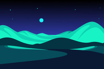 Obraz premium Vector cartoon illustration of a night sea landscape with a glowing moon and stars over a mountain