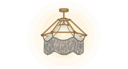 Stylized illustration of a fringed chandelier with intricate wooden frame
