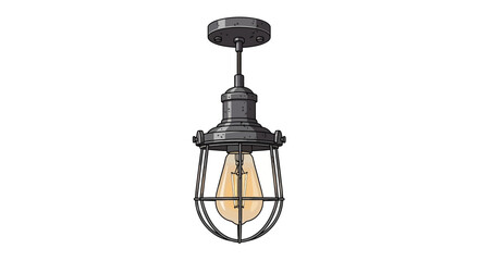 Stylized illustration of an industrial pendant light with cage detail