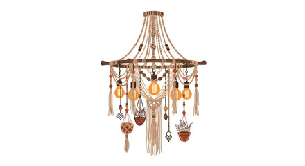 Unique bohemian macrame chandelier design featuring lightbulbs and plants