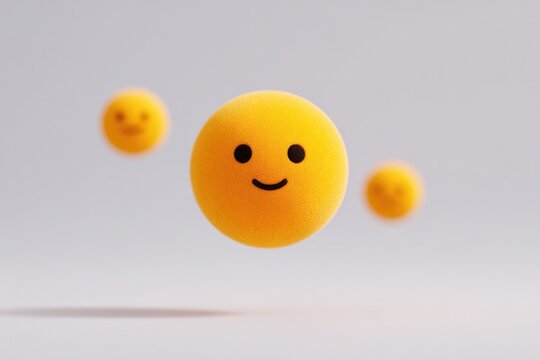 Bright yellow smiley faces float joyfully in soft, minimalist en