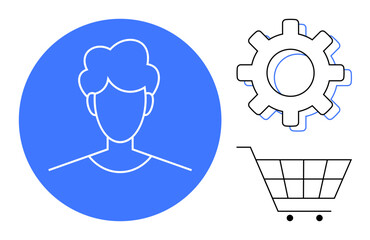 User profile inside a blue circle with gear and shopping cart icons nearby. Ideal for e-commerce, user settings, shopping, online store, personalization, technology, customer management. Simple flat