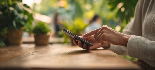 The smartphone interaction in a serene cafe surrounded by greenery.