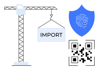 Crane lifting container labeled IMPORT alongside shield with fingerprint and QR code. Ideal for logistics, trade, import-export, supply chain, security, digital identity, and technology concept