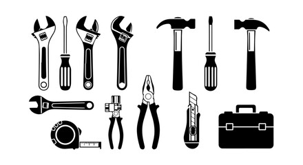 Fototapeta premium A comprehensive set of black and white tool icons for construction, repair, and DIY projects, featuring various workshop equipment