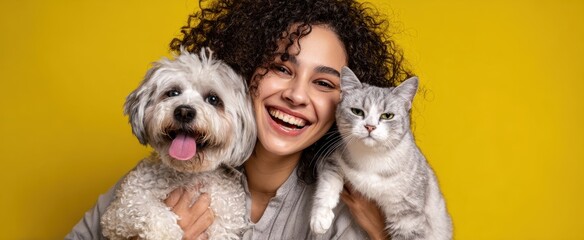 The joyful woman smiling with her dog and cat against a bright yellow background.