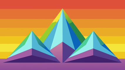 Egyptian landscape with colorful abstract pyramids under a setting sun in the desert