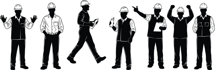 Construction workers, safety helmets, industrial silhouettes, teamwork, engineering, job site, labor force, occupational safety, gesture communication, professional attire, workwear