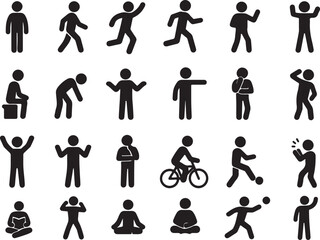 Set of Stick Figure Man Silhouettes in Various Poses and Gestures Black and White Vector Icons for People and Actions