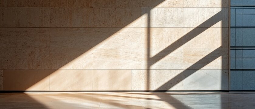 Diagonal sunlight shadow on beige tiled wall minimalist interior design background