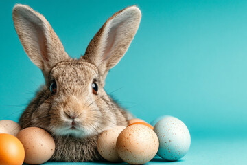 Cute bunny rabbit surrounded by colorful Easter eggs on teal background