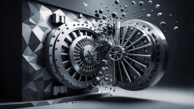 A metallic vault door explodes outward, releasing fragments