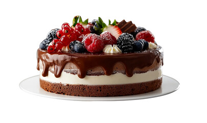 A rich fruit cake topped with a glossy layer of chocolate ganache, decorated with colorful dried fruits and nuts. The cake slice is perfectly cut, showing moist texture with embedded pieces of fruit i