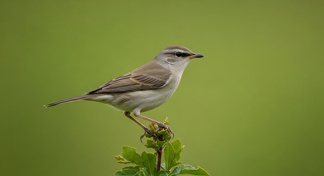 Small brown bird perched on a green plant stem with blurred background
