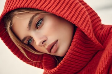 Close up portrait of a young woman with blonde hair wearing a cozy red hooded sweater