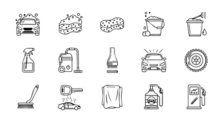 Comprehensive collection of car wash and detailing line icons, representing essential auto care tools and services for modern vehicle maintenance