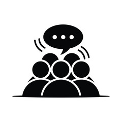  Black and white icon of group discussion with speech bubble—minimalist symbol for teamwork, communication, meetings, or collaborative dialogue