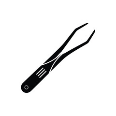 Black silhouette of a pair of fine pointed tweezers on a white background