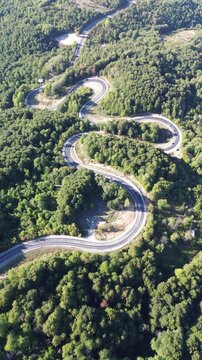 Aerial view of winding asphalt mountain road among green trees in summer. (Domani&ccedil;,İneg&ouml;l dağ yolu)	
