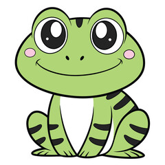 Cute Cartoon Frog with Big Eyes and a Friendly Smile Sitting Down Adorably Isolated on a White Background with Dark Green Stripes