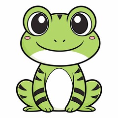 Cartoon Green Frog with Big Eyes and Black Stripes Smiling Sitting Down Adorable Amphibian Character Isolated on White Background