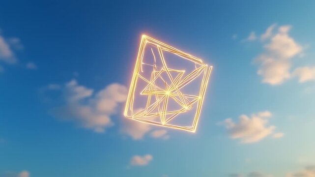 Golden geometric lines form a box in a blue sky