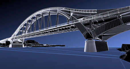 Wireframe rendering of an arched bridge structure over a river – 3D infrastructure model