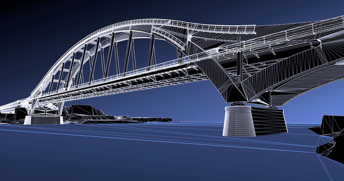 Wireframe rendering of an arched bridge structure over a river &ndash; 3D infrastructure model
