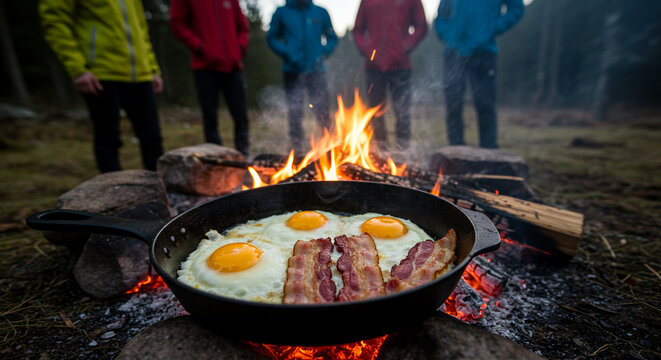 Group of campers cooking eggs and bacon over campfire outdoors   - Powered by Adobe