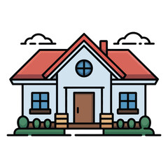 Charming single family home exterior with red roof and lush green landscaping
