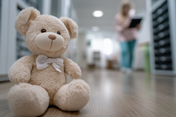 Teddy bear sitting on a wooden floor in a hospital hallway, representing themes of childhood, loss, and loneliness with a blurred doctor in the background
