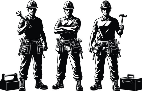 Construction workers, teamwork, hard hats, tools, wrench, hammer, toolbox, labor, industrial, safety gear, skilled trades, engineering, boots, jobsite, manual work, craftsmanship