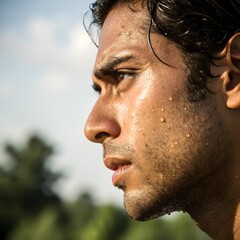 Obraz premium Close up profile of a man s face glistening with sweat after intense physical exertion outdoors
