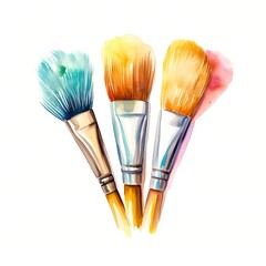 The illustration shows three paintbrushes with wooden handles and different colored bristles arranged on a white background.