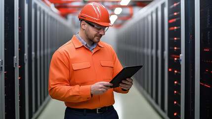 It technician in a hard hat and glasses checks data on a tablet while standing among glowing servers in a data center, monitoring systems and infrastructure for maintenance and security