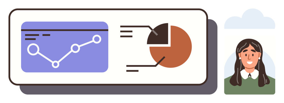 Woman next to analytics display featuring a line graph and pie chart. Ideal for business, analytics, presentation, education, teamwork, productivity, and strategy themes. Simple flat metaphor
