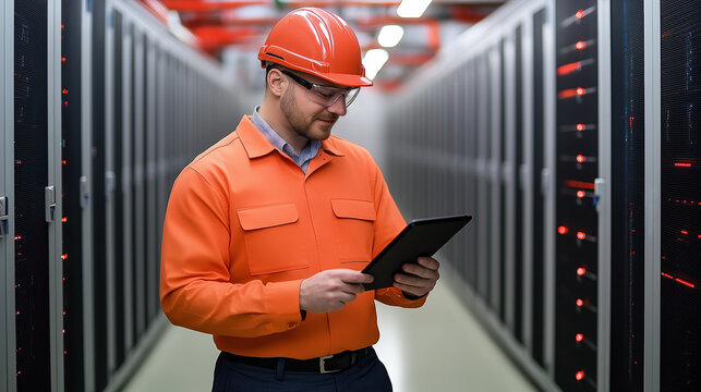 It technician in a hard hat and glasses checks data on a tablet while standing among glowing servers in a data center, monitoring systems and infrastructure for maintenance and security