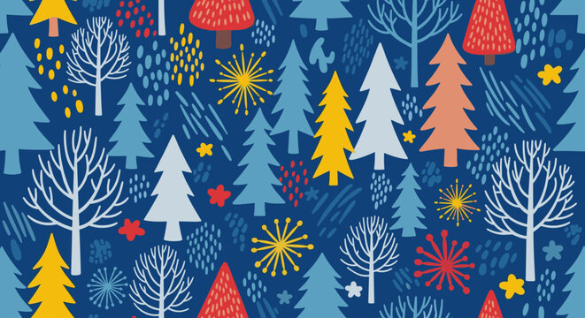 A whimsical winter forest scene with stylized evergreen trees and festive bursts of color.