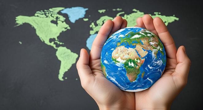 Protecting our planet earth global warming climate change environmental conservation save the earth go green sustainability eco friendly world map hands holding earth model