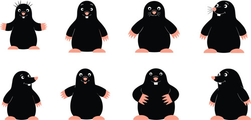 Cartoon mole illustrations, black and pink, facial variation, whiskers, teeth, posture differences, stylized animal design, vector art, character set