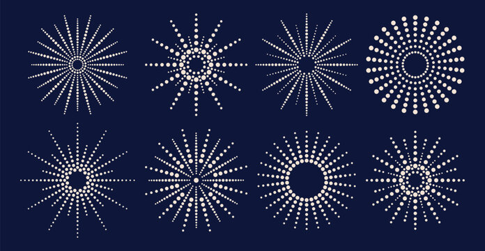 Abstract exploding festive fireworks isolated on black background. Geometric snowflakes made of dots, circles for holiday banner, flyer, greeting card. Decorative element for New Year. Vector EPS10