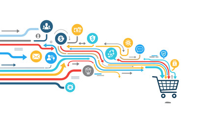 Illustrative graphic depicting the complex pathways of data and user interactions flowing into a shopping cart.